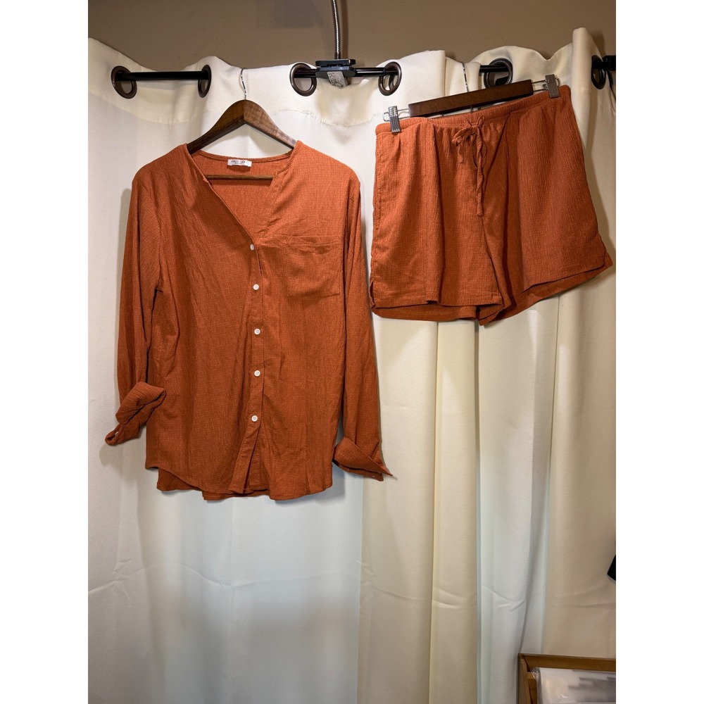 Ekouaer Womens Everyday Set Rust Crinkle Button Down Shirt Shorts Medium